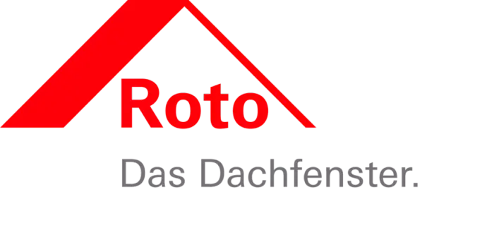 Rotes Dachsymbol über dem Text "Roto Das Dachfenster." auf dunklem Hintergrund.