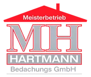 Firmenlogo MH Hartmann Bedachungs GmbH mit rotem Dach und Text "Meisterbetrieb"
