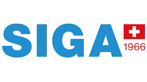 Blauer "SIGA" Schriftzug mit rotem Schweizerkreuz und "1966" auf grünem Hintergrund.