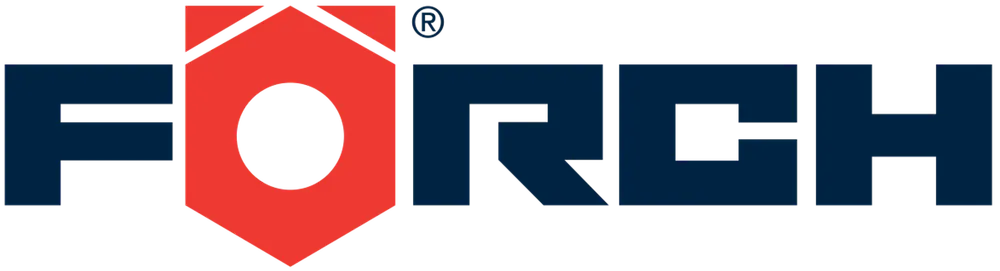 Das Forch-Logo zeigt den Markennamen in dunkelblauen Großbuchstaben, wobei der Buchstabe "O" rot und sechseckig ist.